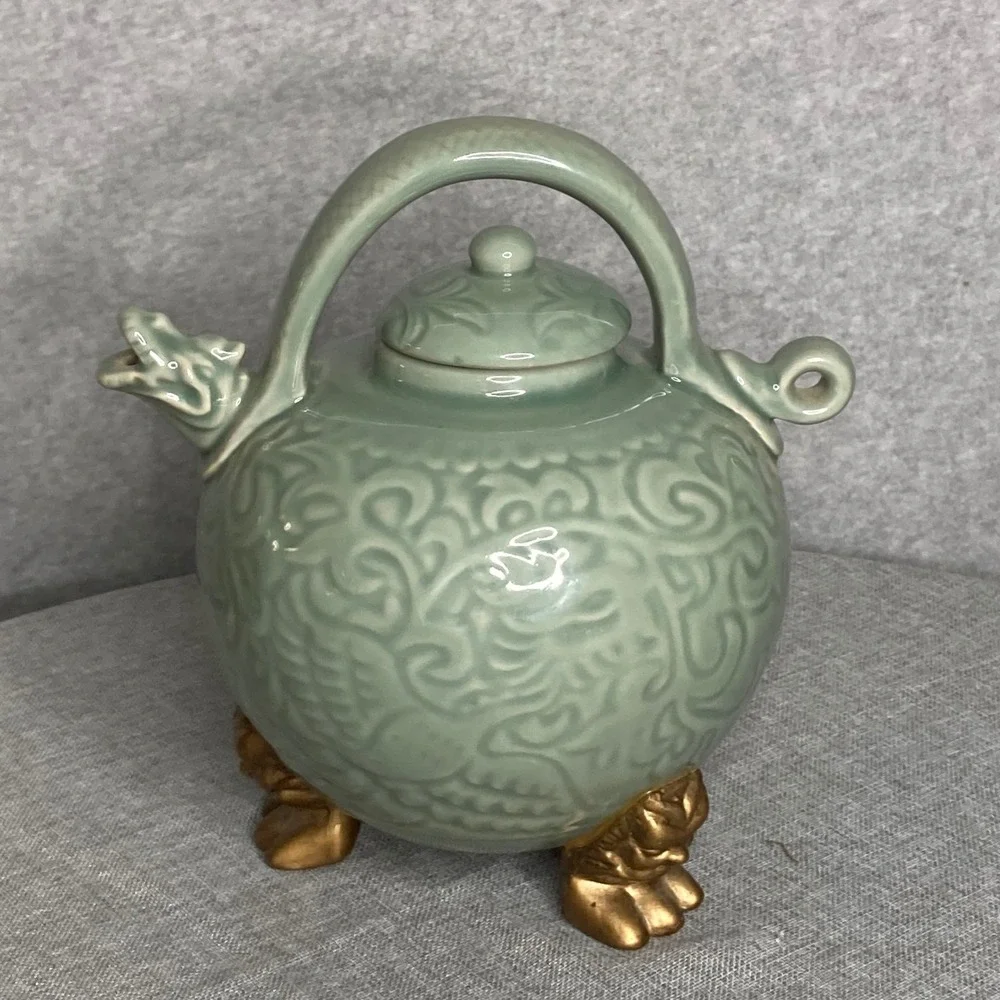 Celadon Footed Dragon‎ Teapot Asian Ceramic Kettle Green Gold Tea Pot Decor WCL